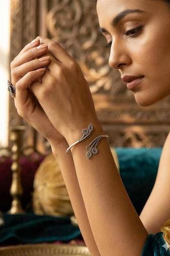Oxidized Silver Floral Cuff Bracelet | Adjustable Boho Statement Bangle