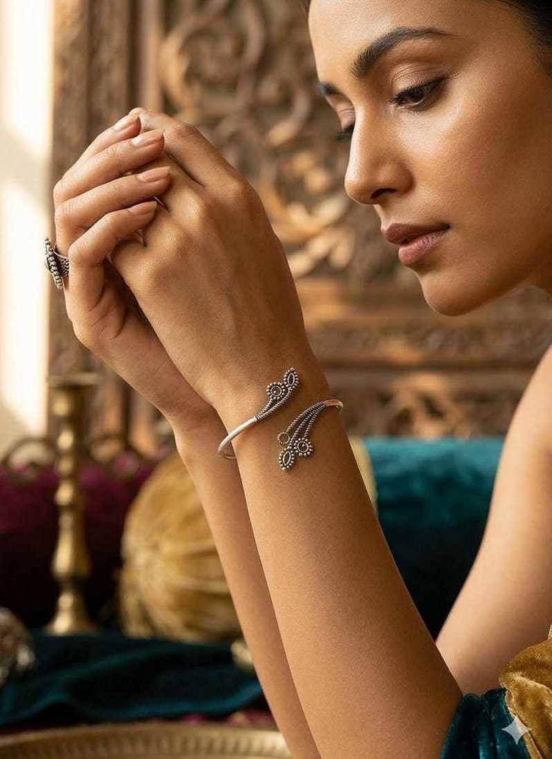 Oxidized Silver Floral Cuff Bracelet | Adjustable Boho Statement Bangle