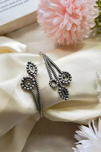 Oxidized Silver Floral Cuff Bracelet | Adjustable Boho Statement Bangle