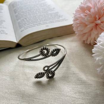 Oxidized Silver Floral Cuff Bracelet | Adjustable Boho Statement Bangle 3
