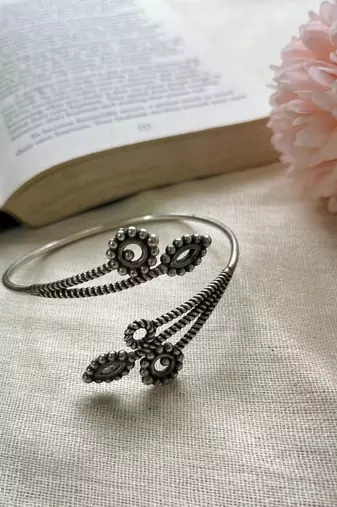 Oxidized Silver Floral Cuff Bracelet | Adjustable Boho Statement Bangle