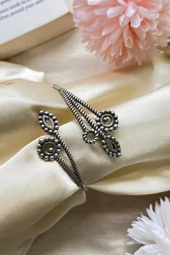 Oxidized Silver Floral Cuff Bracelet | Adjustable Boho Statement Bangle