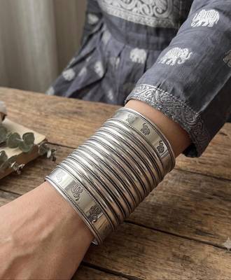 Handcrafted Silver Cuff Bracelet, Tribal Elephant Statement Bangle, Oxidized Silver Plated Brass Kada 1