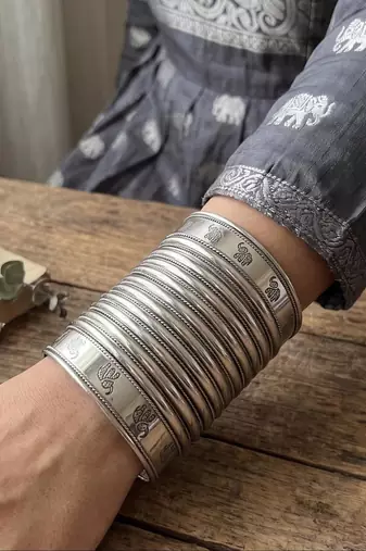 Handcrafted Silver Cuff Bracelet, Tribal Elephant Statement Bangle, Oxidized Silver Plated Brass Kada