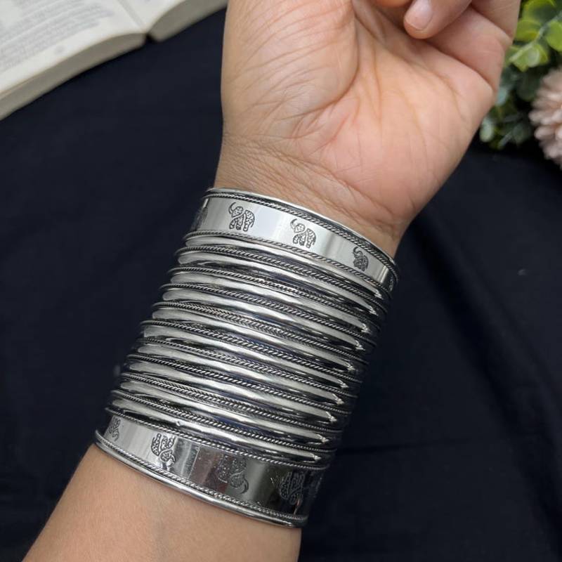 Handcrafted Silver Cuff Bracelet, Tribal Elephant Statement Bangle, Oxidized Silver Plated Brass Kada