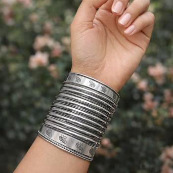Handcrafted Silver Cuff Bracelet, Tribal Elephant Statement Bangle, Oxidized Silver Plated Brass Kada 3