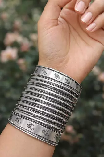 Handcrafted Silver Cuff Bracelet, Tribal Elephant Statement Bangle, Oxidized Silver Plated Brass Kada