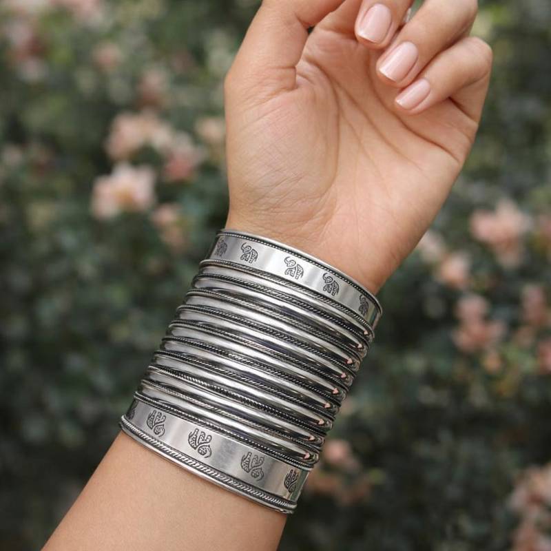 Handcrafted Silver Cuff Bracelet, Tribal Elephant Statement Bangle, Oxidized Silver Plated Brass Kada