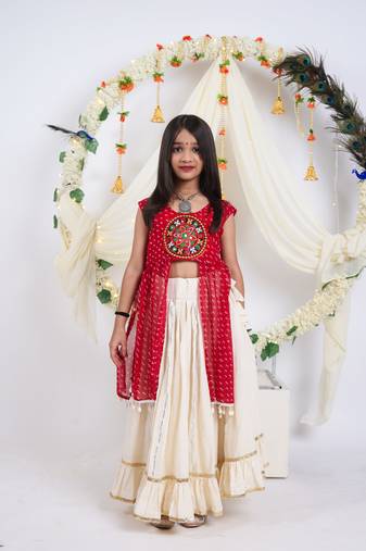 Navaratri special gota patti work lehenga with patch & cowrie lace work top for kids