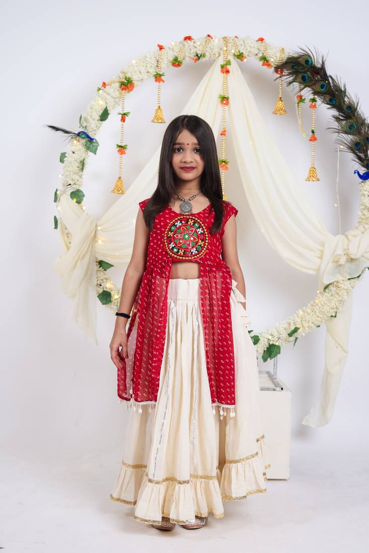 Navaratri special gota patti work lehenga with patch & cowrie lace work top for kids