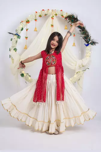 Navaratri special gota patti work lehenga with patch & cowrie lace work top for kids