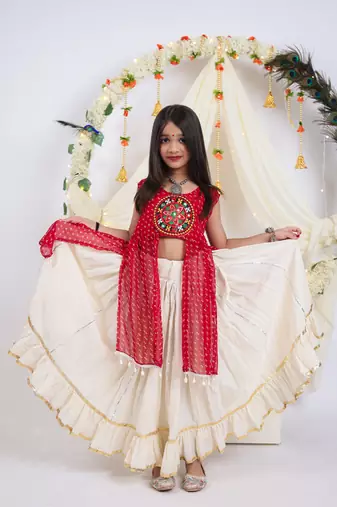 Navaratri special gota patti work lehenga with patch & cowrie lace work top for kids