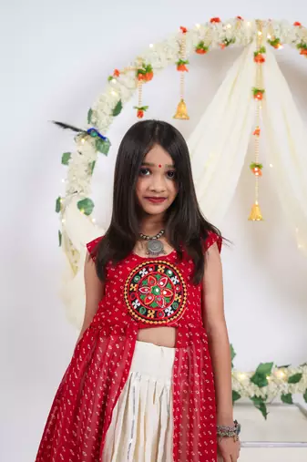 Navaratri special gota patti work lehenga with patch & cowrie lace work top for kids