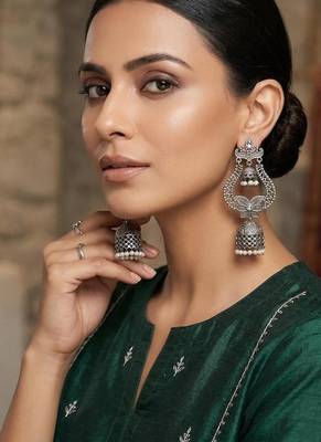 Oxidized Silver Jhumka Earrings: Boho Filigree Statement Jewelry 1