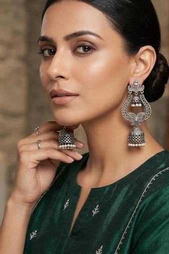 Oxidized Silver Jhumka Earrings: Boho Filigree Statement Jewelry