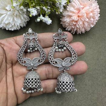 Oxidized Silver Jhumka Earrings: Boho Filigree Statement Jewelry 2
