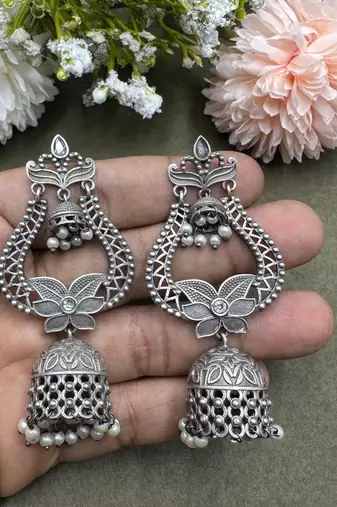 Oxidized Silver Jhumka Earrings: Boho Filigree Statement Jewelry
