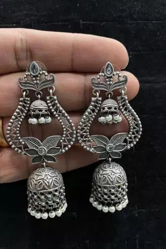 Oxidized Silver Jhumka Earrings: Boho Filigree Statement Jewelry