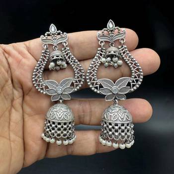 Oxidized Silver Jhumka Earrings: Boho Filigree Statement Jewelry 4