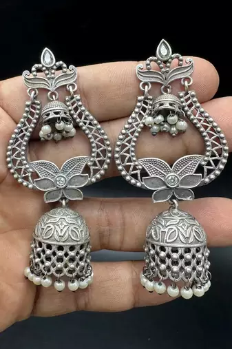 Oxidized Silver Jhumka Earrings: Boho Filigree Statement Jewelry