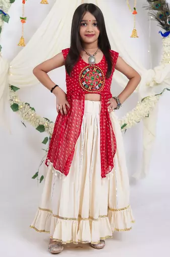 Navaratri special gota patti work lehenga with patch & cowrie lace work top for kids