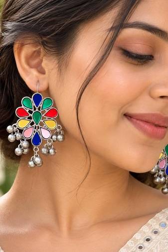 Multicolor Indian Earrings, Oxidized Silver Statement Earrings, Floral Enamel Earrings