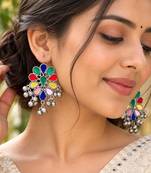 Multicolor Indian Earrings, Oxidized Silver Statement Earrings, Floral Enamel Earrings