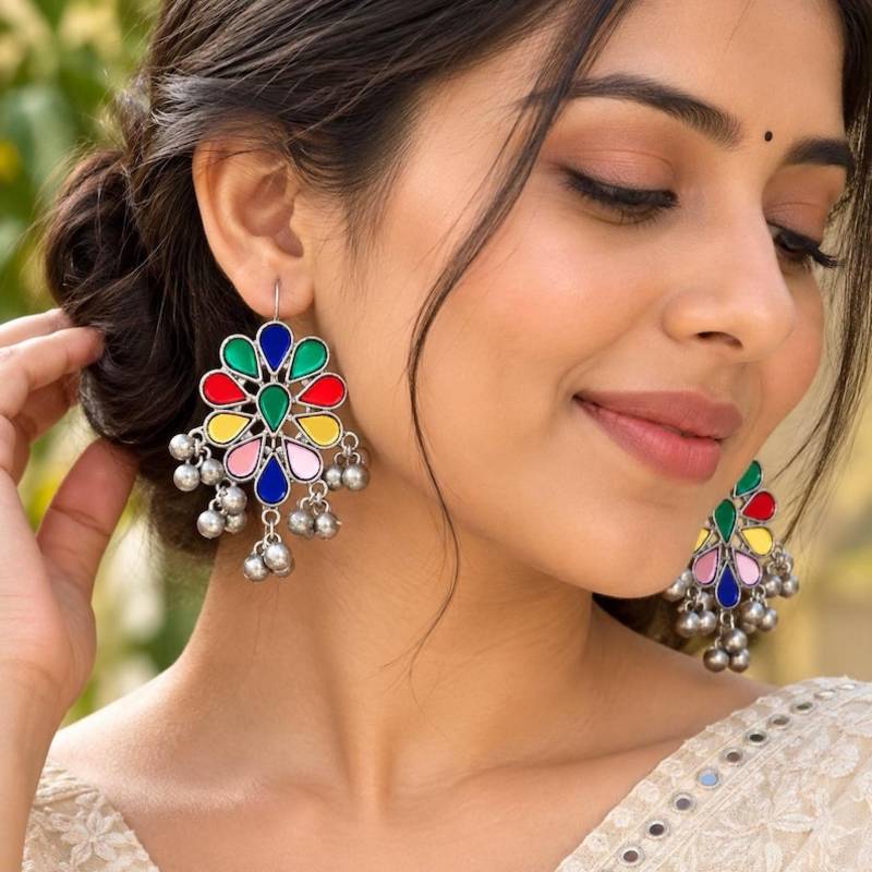 Multicolor Indian Earrings, Oxidized Silver Statement Earrings, Floral Enamel Earrings