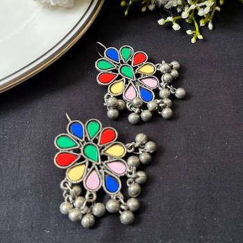 Multicolor Indian Earrings, Oxidized Silver Statement Earrings, Floral Enamel Earrings 2