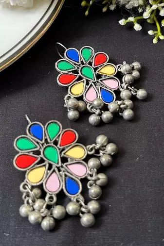 Multicolor Indian Earrings, Oxidized Silver Statement Earrings, Floral Enamel Earrings