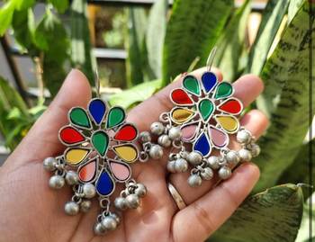 Multicolor Indian Earrings, Oxidized Silver Statement Earrings, Floral Enamel Earrings 3