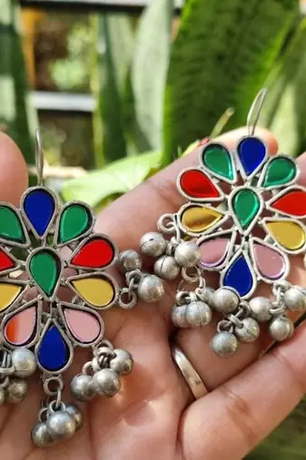 Multicolor Indian Earrings, Oxidized Silver Statement Earrings, Floral Enamel Earrings