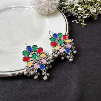 Multicolor Indian Earrings, Oxidized Silver Statement Earrings, Floral Enamel Earrings 4