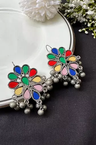 Multicolor Indian Earrings, Oxidized Silver Statement Earrings, Floral Enamel Earrings