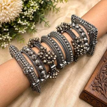Oxidized Silver Kada Bangles Set of 8, Indian Boho Bracelet Set 1
