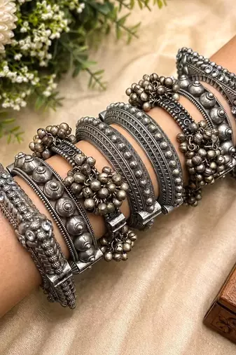 Oxidized Silver Kada Bangles Set of 8, Indian Boho Bracelet Set