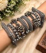 Oxidized Silver Kada Bangles Set of 8, Indian Boho Bracelet Set