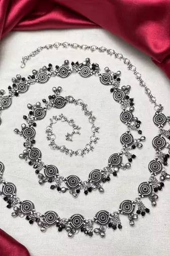 Oxidized Silver Belly Chain, Black Bead Kamarbandh, Indian Waist Chain