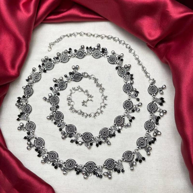 Oxidized Silver Belly Chain, Black Bead Kamarbandh, Indian Waist Chain
