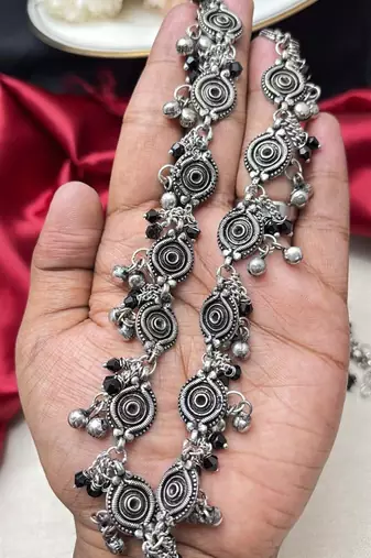 Oxidized Silver Belly Chain, Black Bead Kamarbandh, Indian Waist Chain