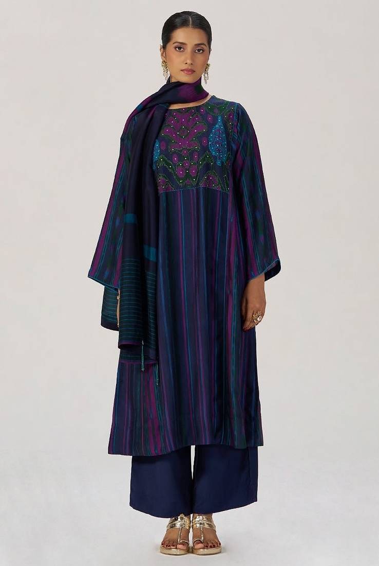 Medieval blue silk festive kurta set
