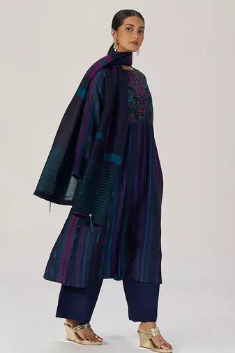 Medieval blue silk festive kurta set