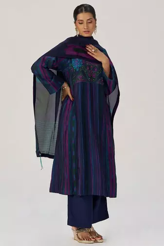 Medieval blue silk festive kurta set
