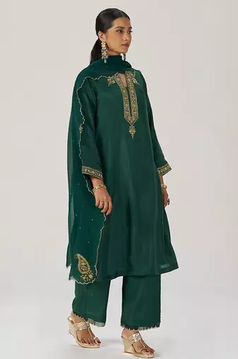 Deep emerald green festive silk kurta set