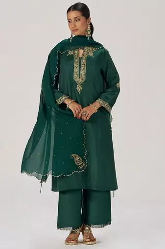 Deep emerald green festive silk kurta set