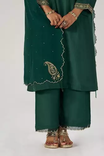 Deep emerald green festive silk kurta set
