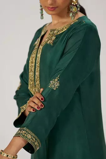 Deep emerald green festive silk kurta set