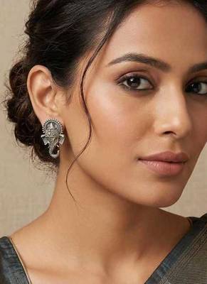Oxidized German Silver Lord Ganesha Stud Earrings: Indian Jewelry Gift 1