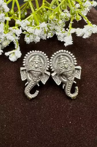 Oxidized German Silver Lord Ganesha Stud Earrings: Indian Jewelry Gift