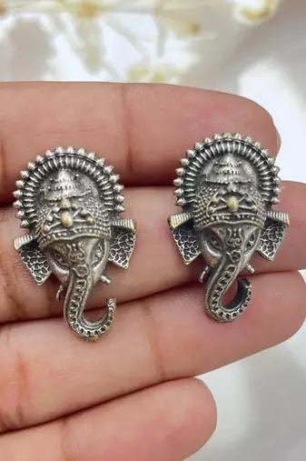 Oxidized German Silver Lord Ganesha Stud Earrings: Indian Jewelry Gift